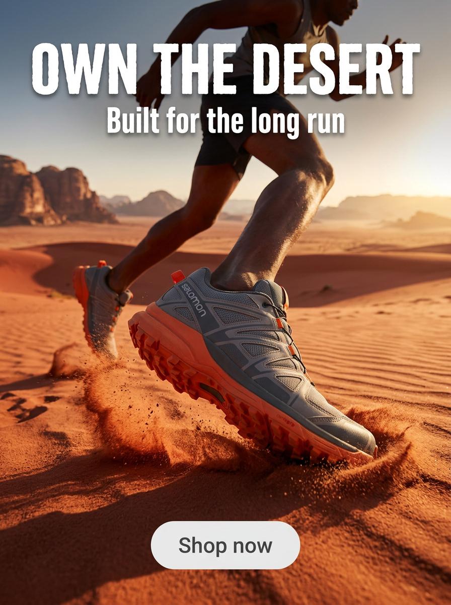 The finished ad: a runner mid-stride across red desert dunes in the same shoe, headed “Own the desert — built for the long run”, with a Shop now button